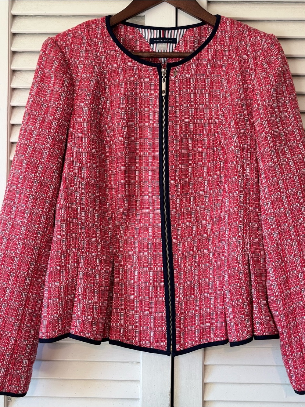Tommy Hilfiger Pink Tweed Zip-Front Blazer with Black Trim
